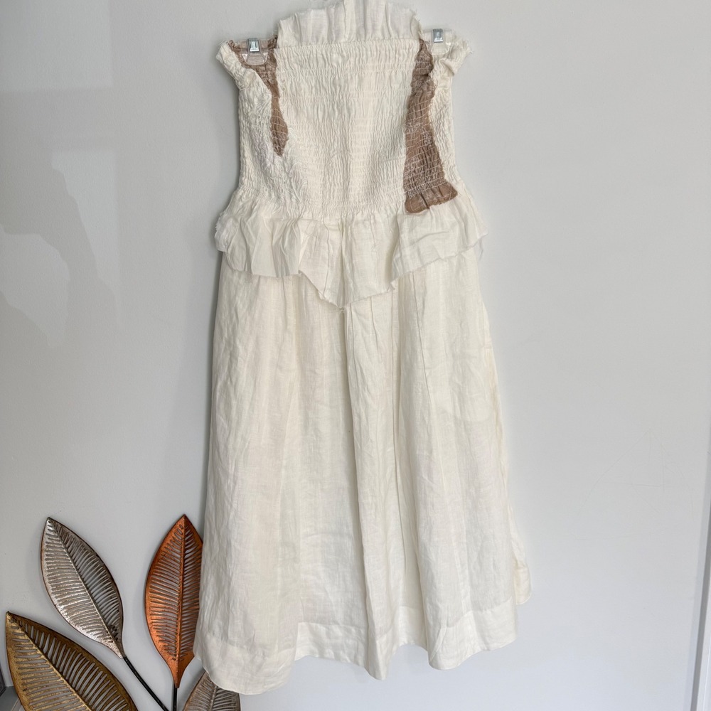 J4 Anthro Hemant & Nandita White Smocked Strapless Linen Midi Dress Lace Trim S - Picture 5 of 13